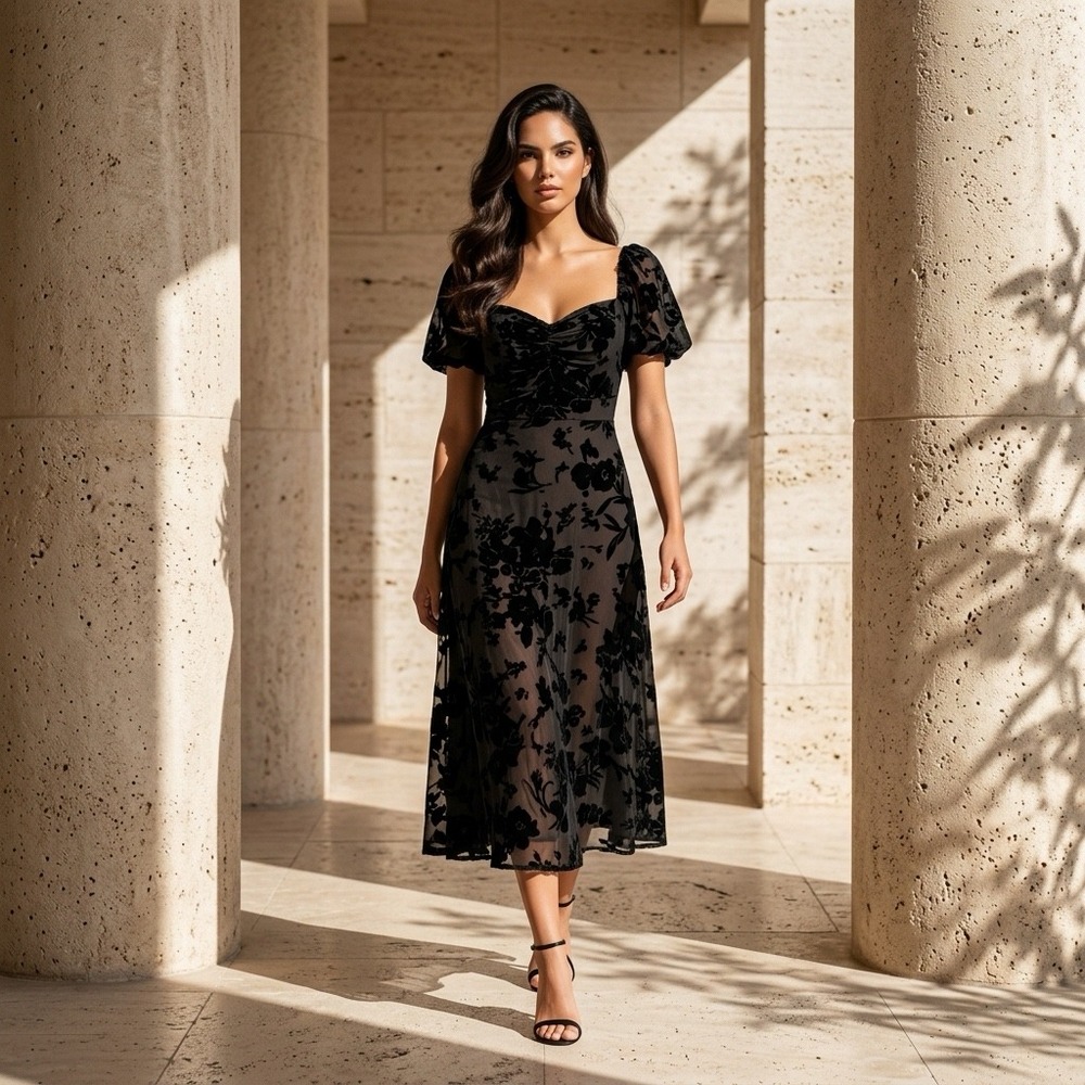 NWT Baltic Born Mera Bronwyn Black Velvet Burnout Midi Dress Flutter Sleeve L